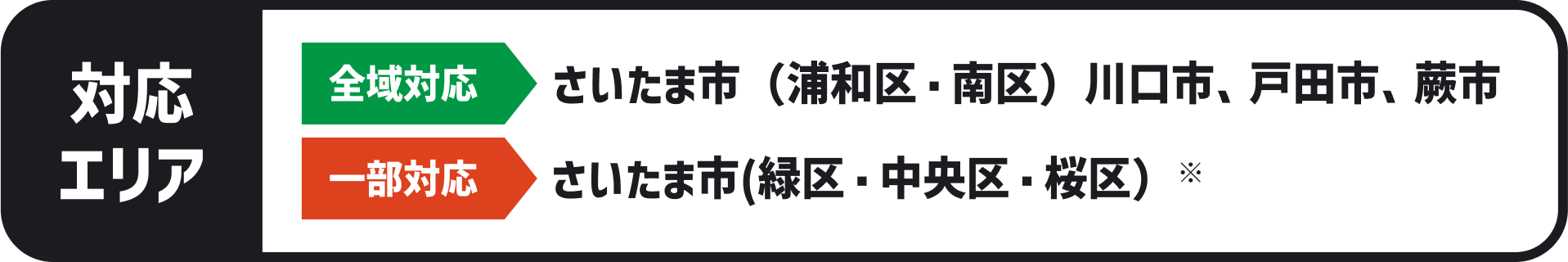 対応エリア 全域対応 さいたま市（浦和区・南区）、川口市、戸田市、蕨市） 一部対応 さいたま市（緑区・中央区・桜区）