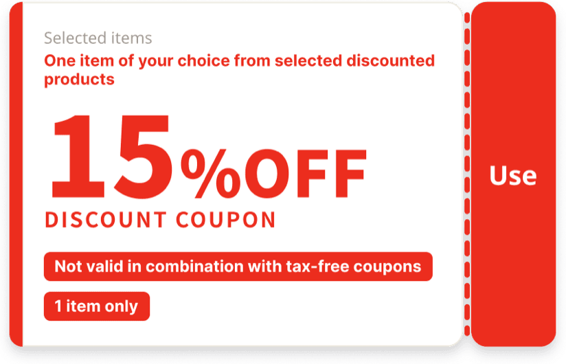 Selected items - One item of your choice from selected discounted products. 15%OFF DISCOUNT COUPON. Not valid in combination with tax-free coupons. 1 item only.