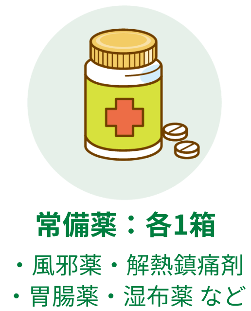 常備薬:各1箱 風邪薬 解熱鎮痛剤 胃腸薬 湿布薬 など