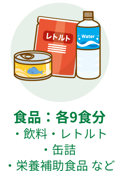 食品:各9食分 飲料・レトルト 缶詰 栄養補助食品 など