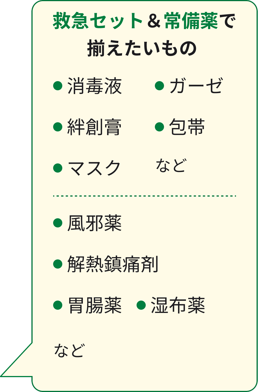 救急セット&常備薬で揃えたいもの 消毒液 ガーゼ 絆創膏 包帯 マスク など 風邪薬 解熱鎮静剤 胃腸薬 湿布薬 など