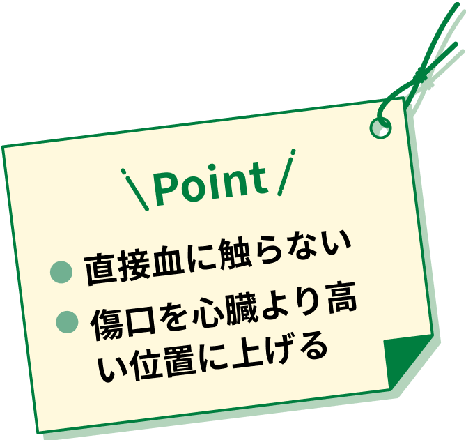 Point 直接血に触らない 傷口を心臓より高い位置に上げる