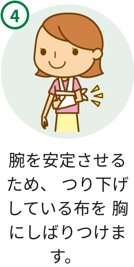 4 腕を安定させるため、つり下げしている布を胸にしばりつけます。